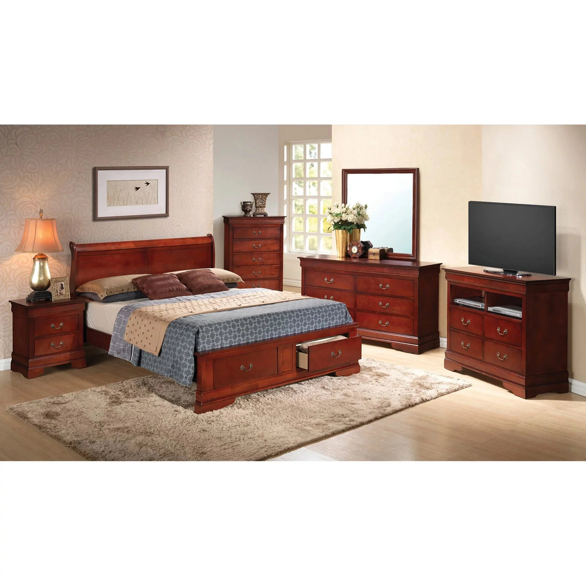 Passion Furniture PF-G3100D-FSB2 Louis Philippe Storage Sleigh Bed with 2 Drawers, Cherry - Full