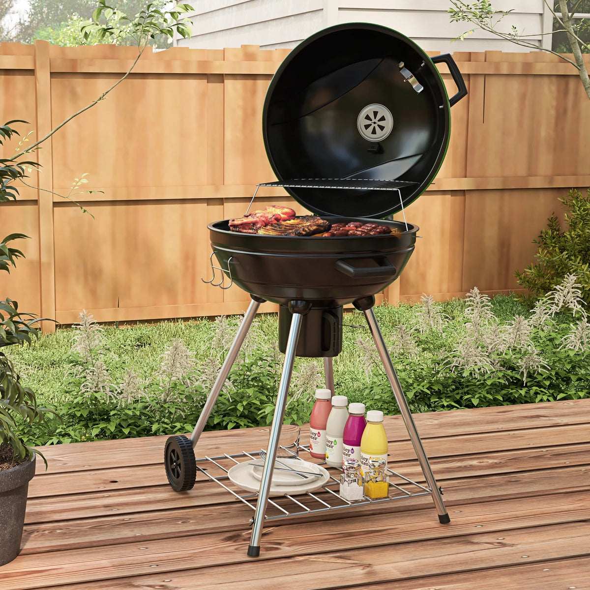 Outsunny 21 Kettle Charcoal BBQ Grill with Wheels, Barbecue, Green