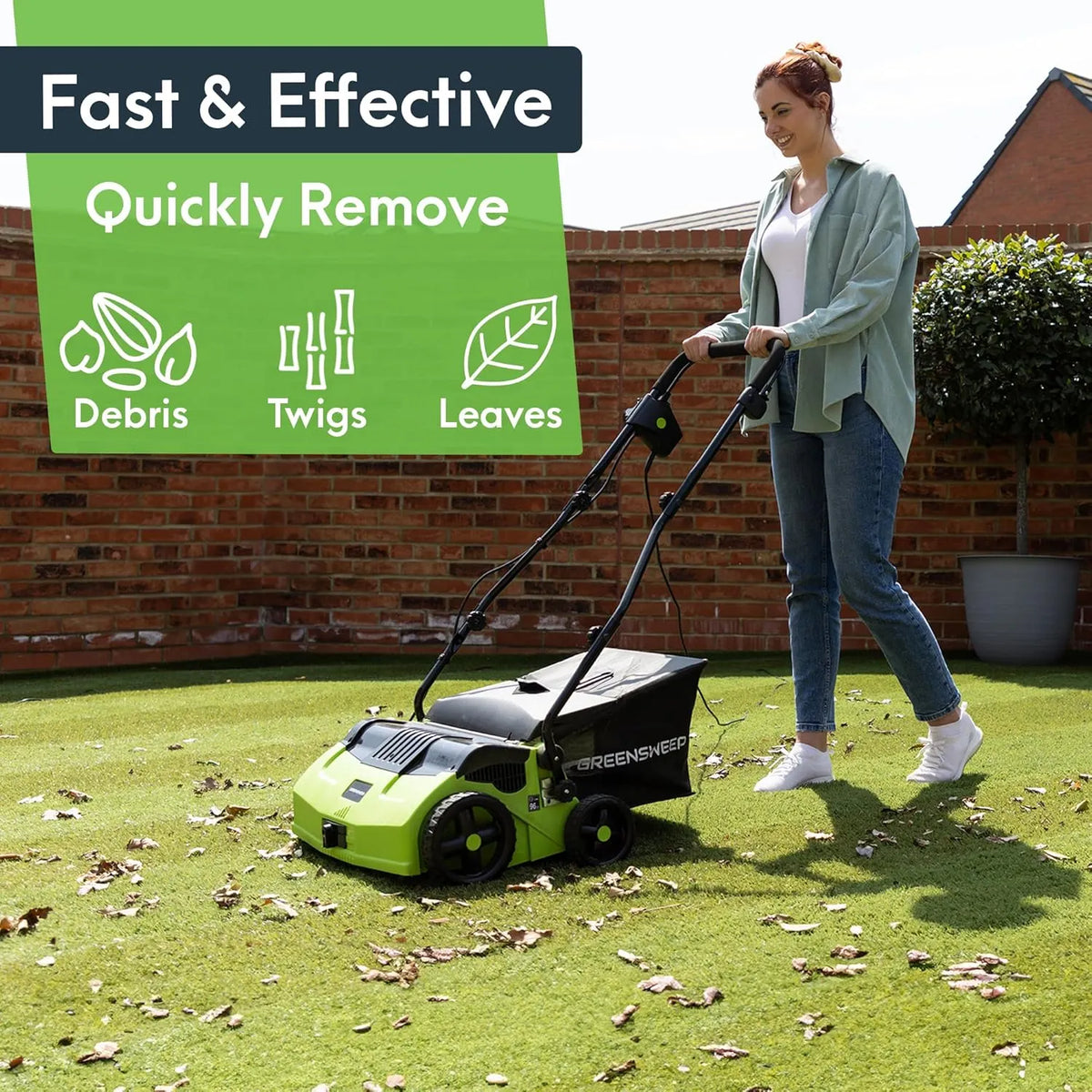 GreenSweep V2 | Artificial Grass Electric Sweeper Rake Vacuum 45L Collection Bag, 5 Adjustable Heights, Foldable Handle