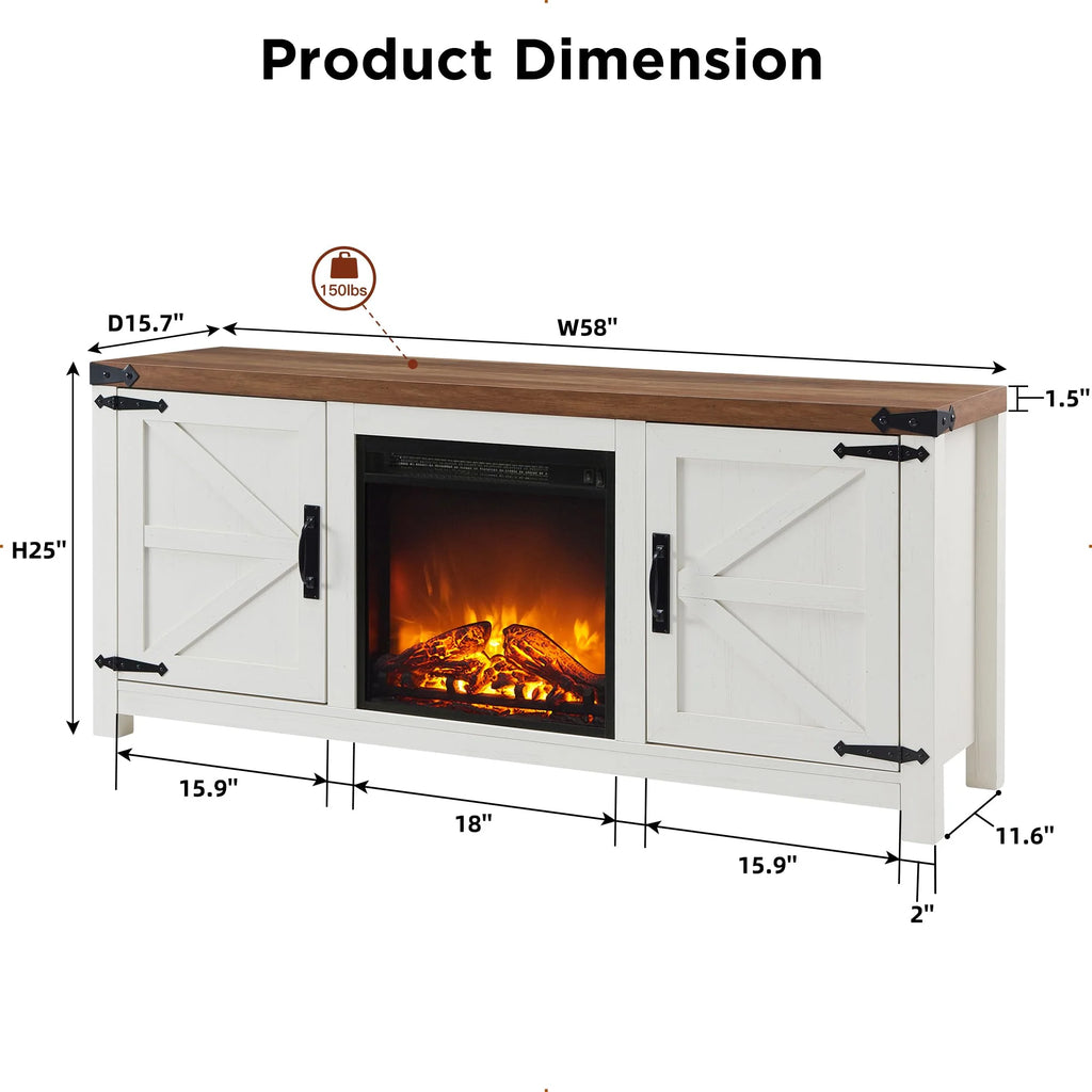 T4TREAM Fireplace TV Stand for 65 Inch TV, Farmhouse Barn Door Media Console, Entertainment Center with 18 Electric Fireplace Storage Cabinet Doors,for Living Room, 58 Inch, Antique White