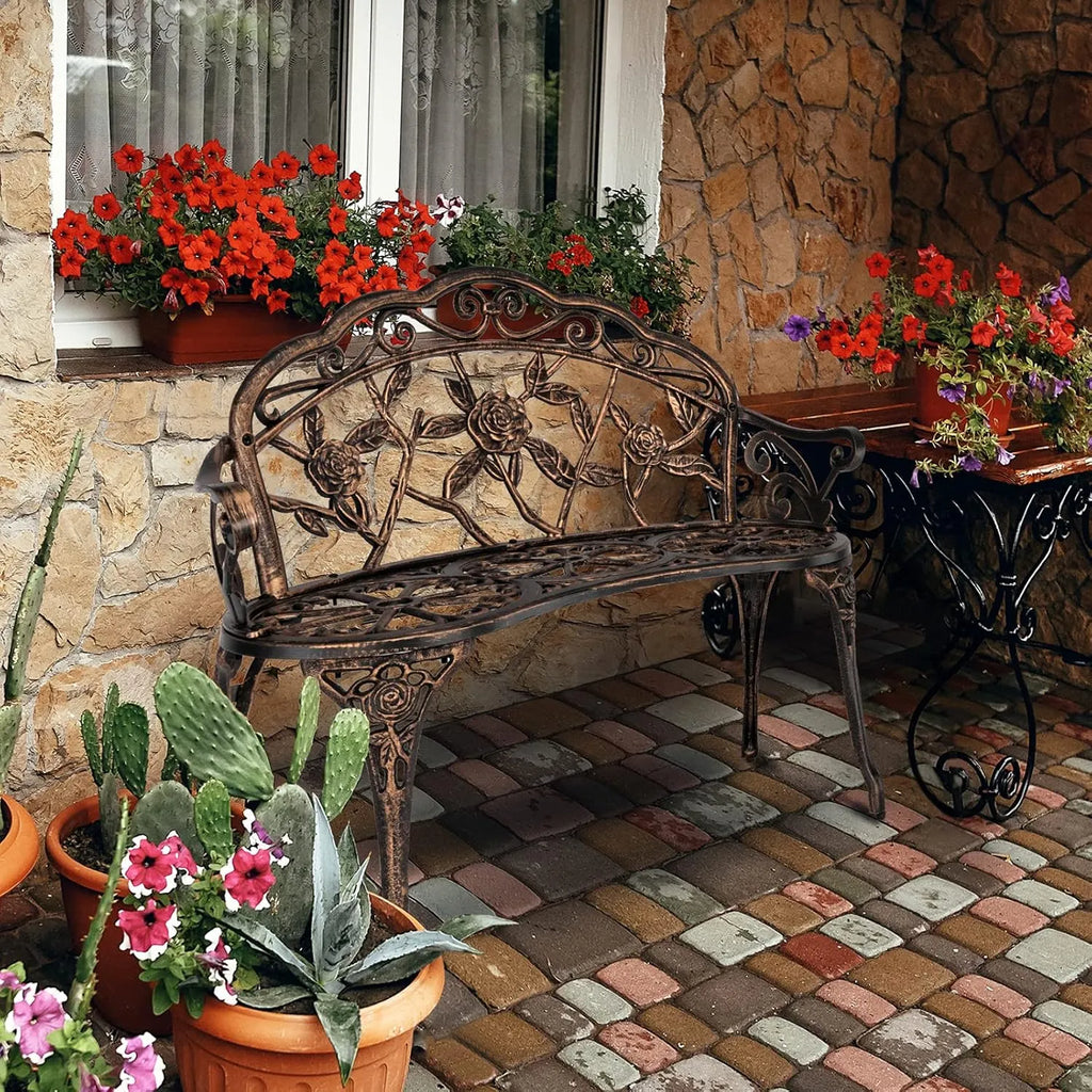 38.5 Patio Park Garden Outdoor Metal Rose Bench,Cast Iron Cast Aluminium Frame Antique Finish Chair,Accented Lawn Front Porch Path Yard Decor Deck Furniture for 2 Person Seatï1⁄4Bronze