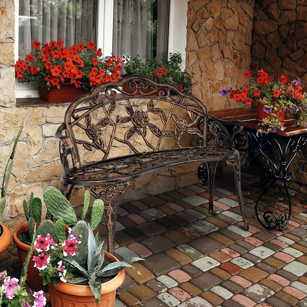 38.5 Patio Park Garden Outdoor Metal Rose Bench,Cast Iron Cast Aluminium Frame Antique Finish Chair,Accented Lawn Front Porch Path Yard Decor Deck Furniture for 2 Person Seatï1⁄4Bronze