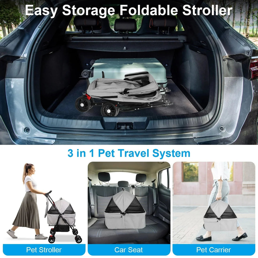 iMounTEK Pet Stroller with 4 Wheels, Outdoor Foldable Dog Cage Stroller with Removable Liner Storage Basket for Dog Cat, Gray