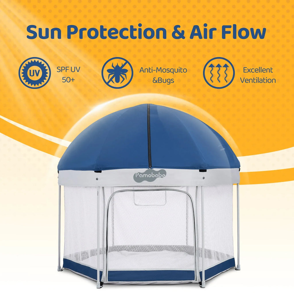 Pamo Babe Outdoor Baby Playpen, Portable, Lightweight, Toddler Playard With Canopy and Travel Bag - Blue