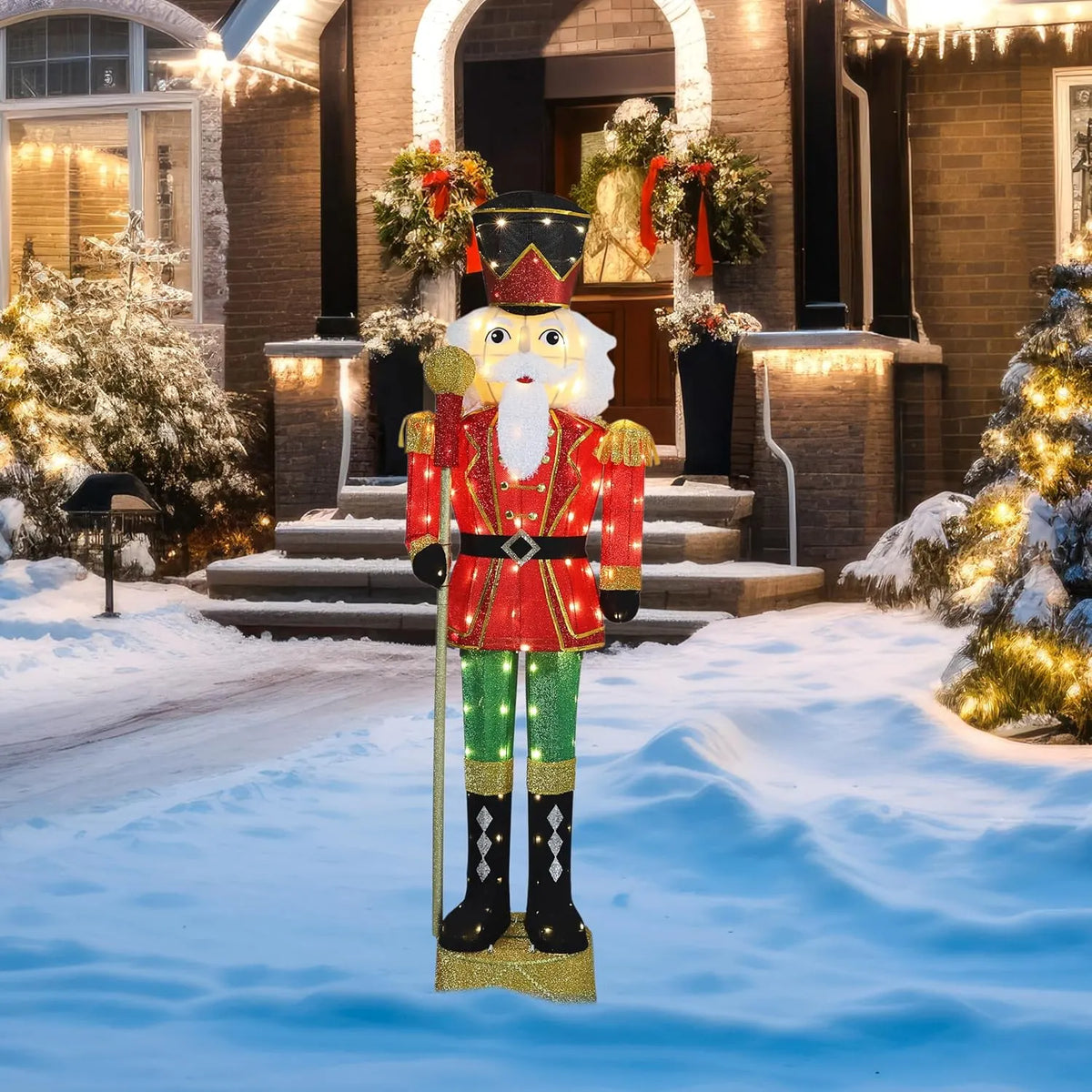 5FT Lighted Nutcracker with Candy Cane for Christmas Decoration, 3D Pre-Lit Iridescent Soldier Xmas Decor with 100 Warm White Lights, Glittered Standing Holiday Display for Outdoor, Indoor