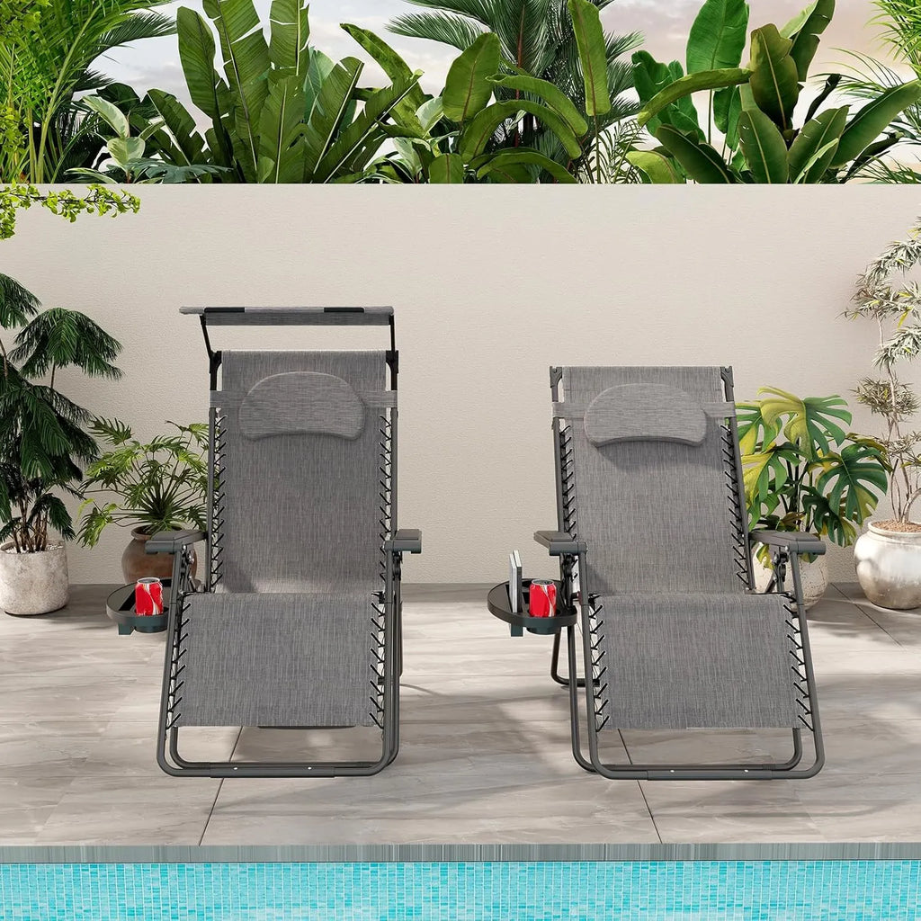Zero Gravity Chairs, X-Large Folding Lounge Lawn Chair w/Canopy Shade & Cup Holder, Adjustable Folding Patio Recliner for Pool Porch Deck Oversize (Grey)