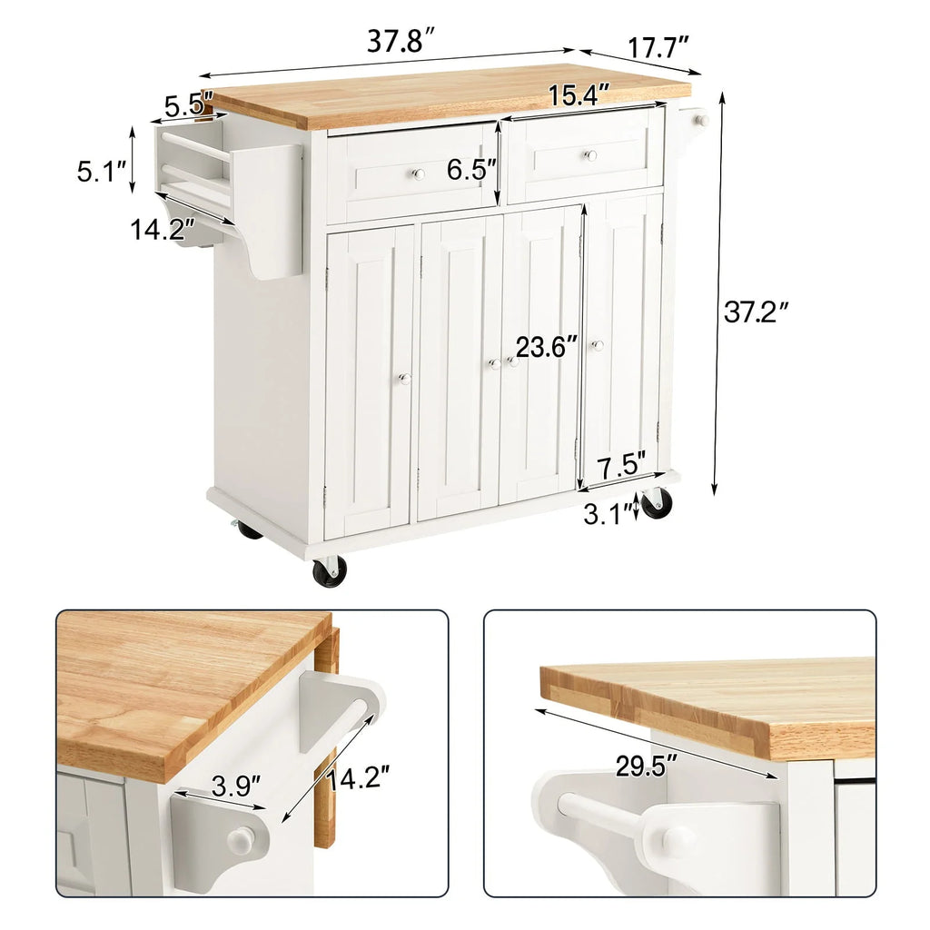 Rolling Kitchen Island Cart with Storage�� Kitchen Cart with Drop-Leaf Rubber Wood Tabletop�� Lockable Wheels�� Trolley Cart Utility Cabinet�� Towel Rack�� Spice Rack Off-White