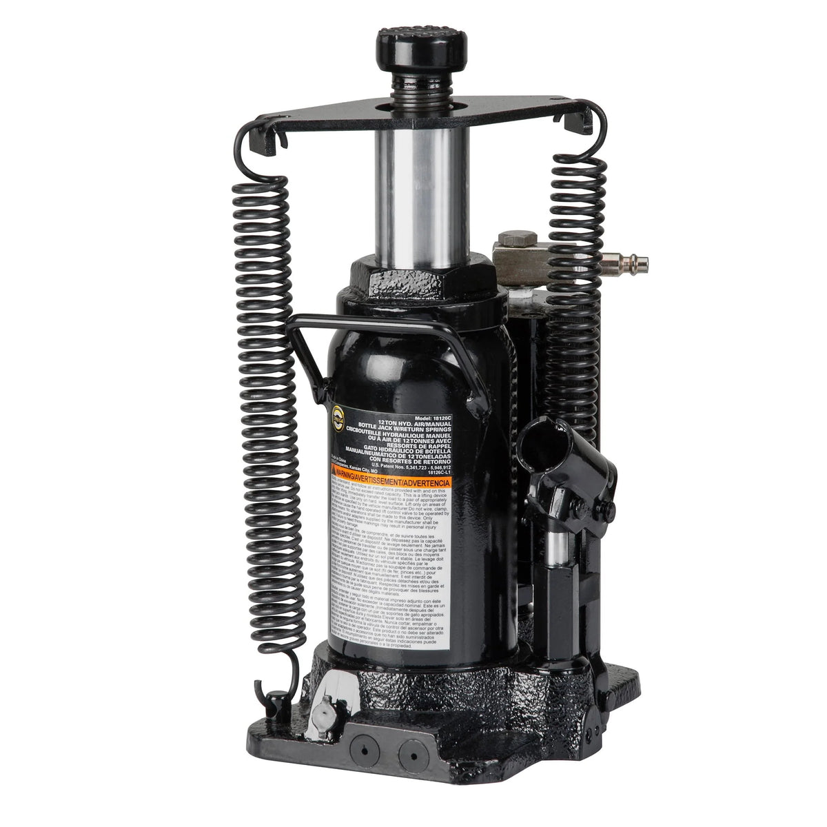 Omega 18126C Black Hydraulic Bottle Jack with Return Springs, 12 Ton Capacity