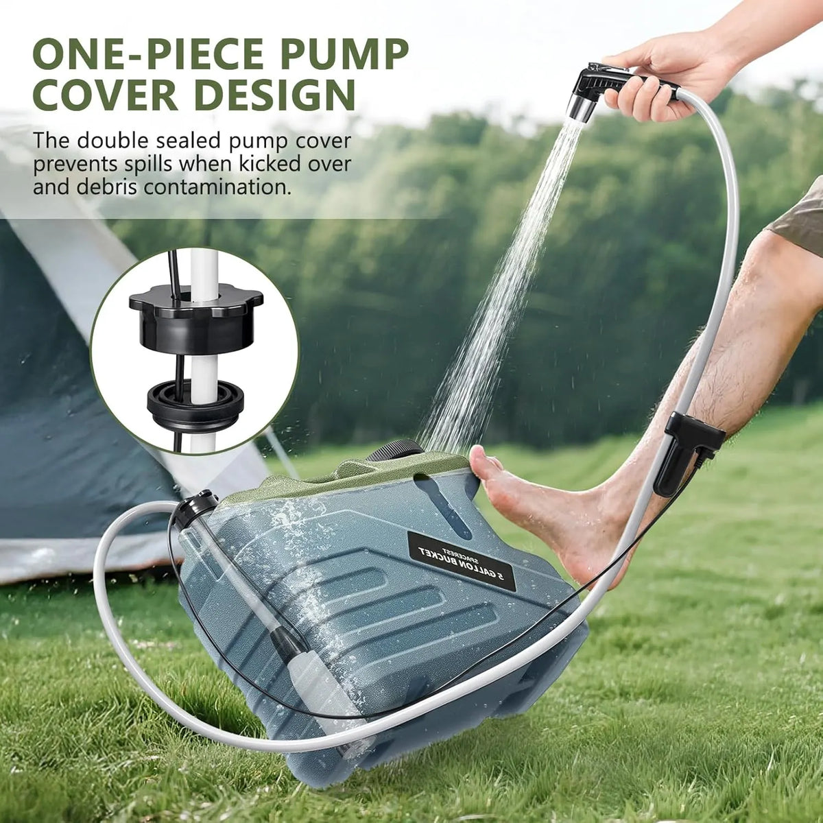 Portable Shower for Camping with 5-Gallon Water Jug, Rechargeable Camping Shower, Food Grade Material Water Containers for Fruit & Vegetables Wash, Integrate Design for Outdoors, Hiking, 2 Batteries