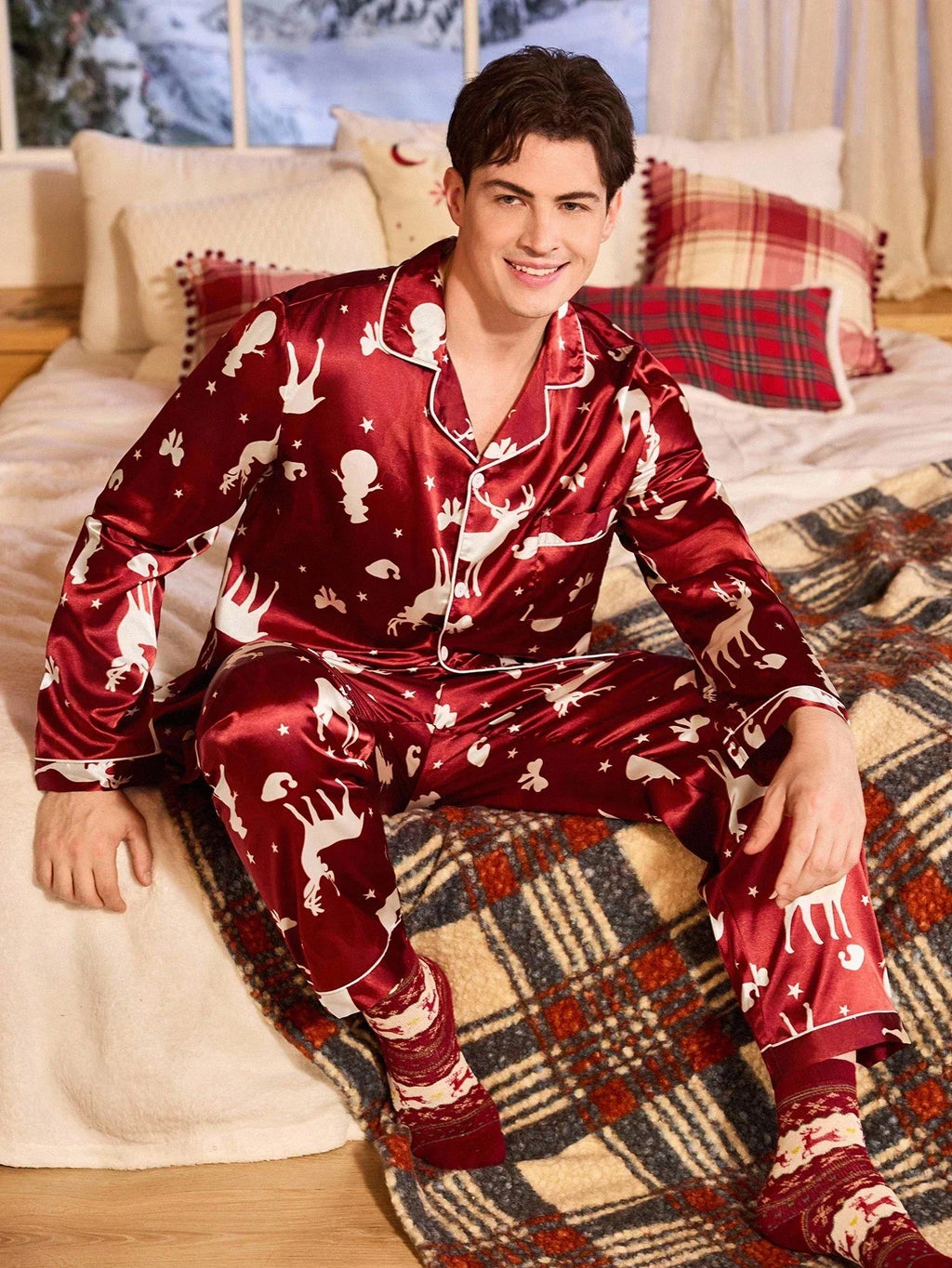 Burgundy Satin Pajama Set with Button Front Top and Loose Leg Pants