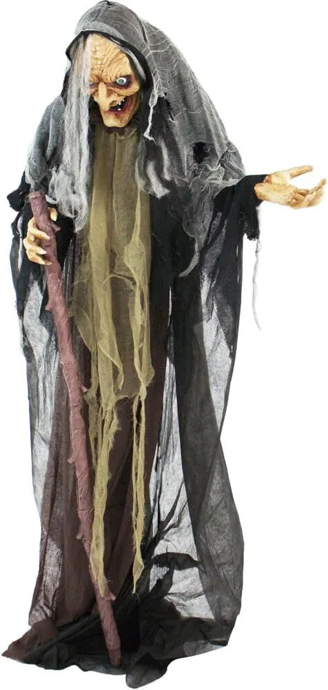 Haunted Hill Farm Talking Forest Witch Halloween Animatronic with Movement and Lights for Battery Operated Scary Indoor or Covered Outdoor Halloween Decorations, Creepy Halloween Props for Home