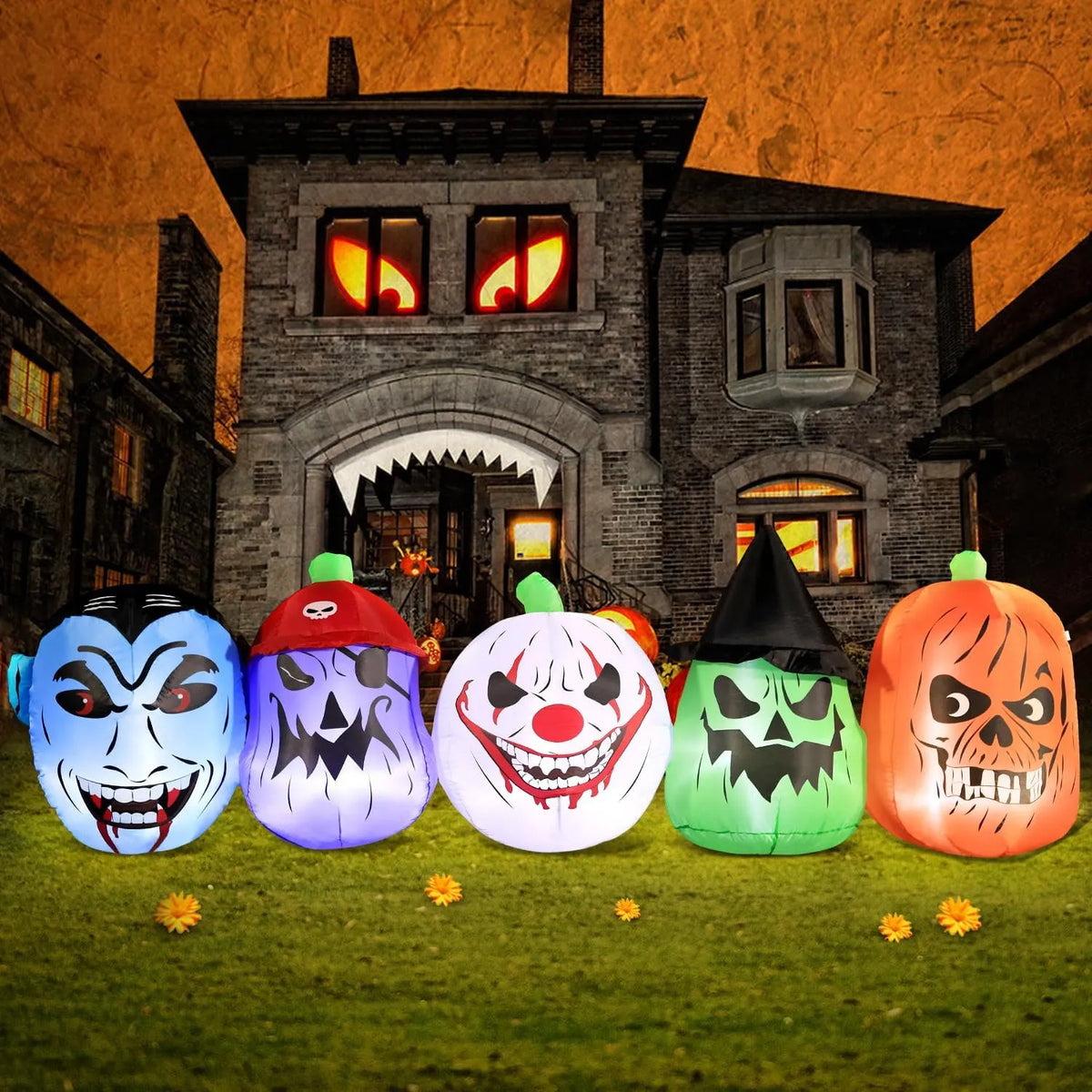 DomKom Halloween Inflatable Blow Up Decorations, 8FT Vampire Pirate Clown Witch and Spooky Pumpkin Giant Head, Built-in LEDs for Halloween Party, Garden, Lawn, Yard Décor