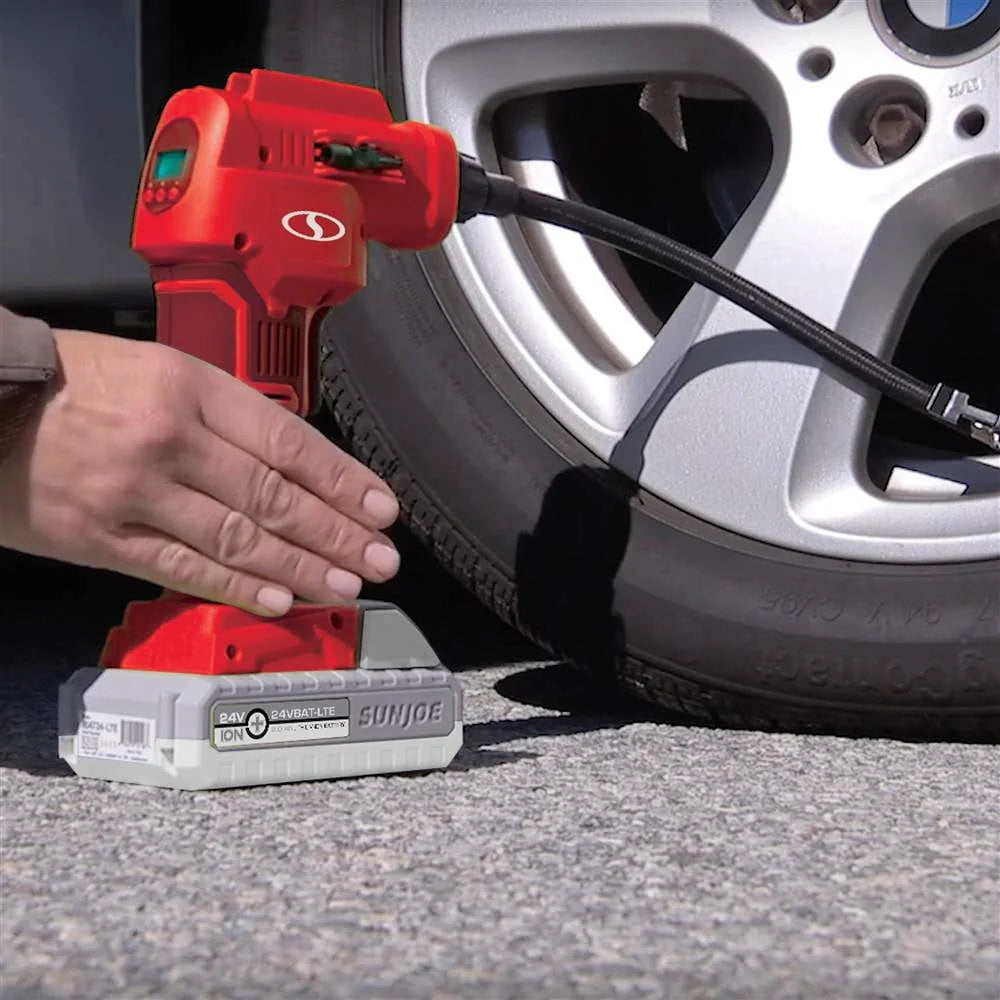 Sun Joe 24V-AJC-LTE-RED Cordless Portable Air Compressor with Nozzle Adapters, Automatic Digital Pressure Gauge, Built-in LED Light & Case | 24-Volt | 2.0-Amp (Red)