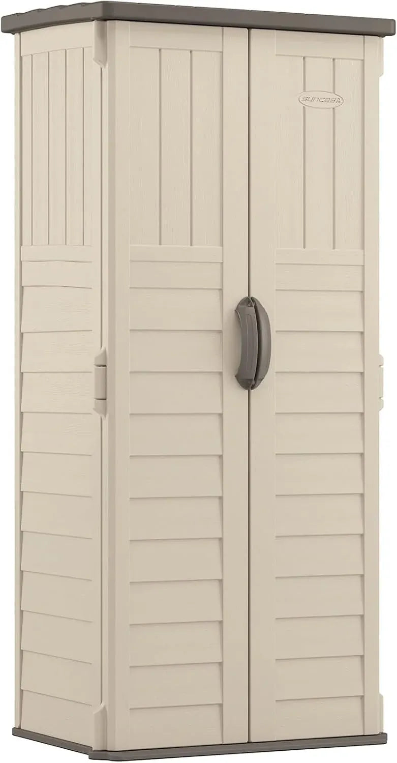 Suncast Vertical Outdoor Storage Shed with Reinforced Floor, Lockable Double Doors, All-Weather Construction, and Multi-Wall Panels, Vanilla, Made in the USA