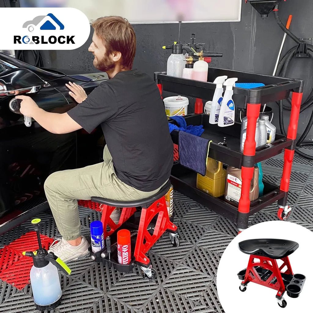 Durable Mechanic Stool Chair With Wheels, Heavy Duty Garage Shop Rolling Seat, Car Detailing Creeper With Tool Tray for Workshop, Auto Repair Shop and Home