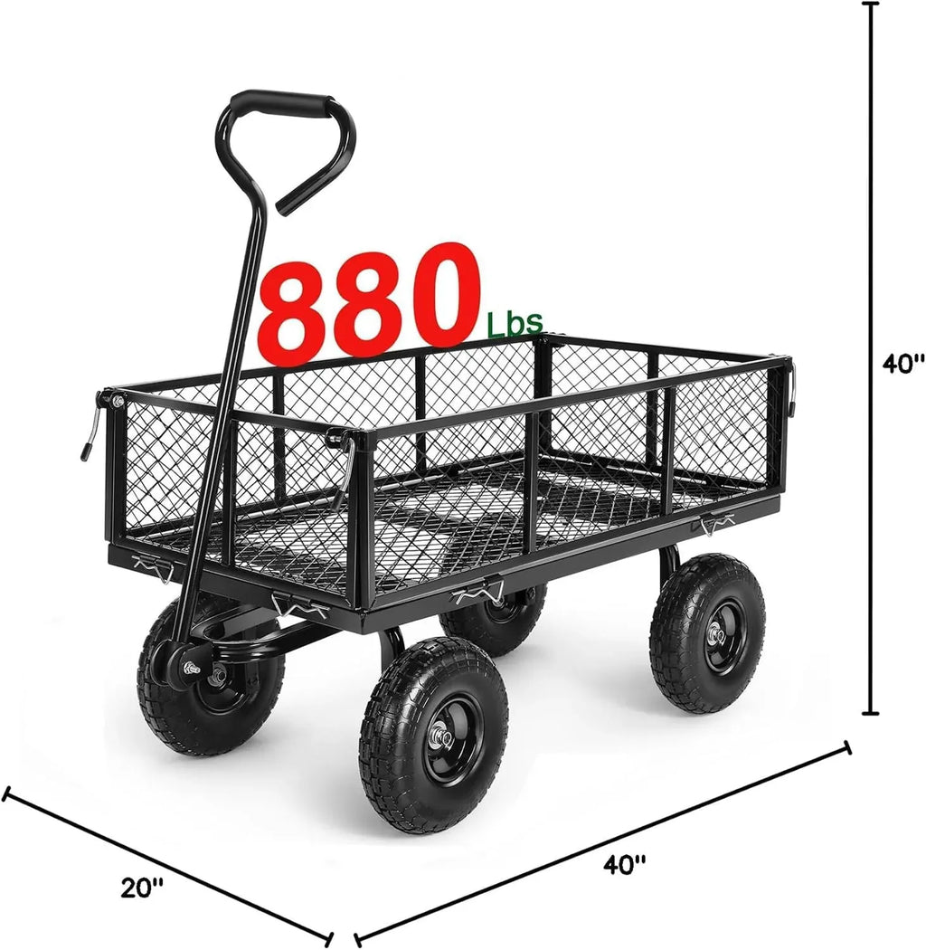Garden Cart, Heavy Duty 880Lbs Capacity Mesh Steel Garden Cart with Removable Sides to Convert into Flatbed, Utility Metal Wagon with 180° Rotating Handle and 10 in Tires, Black