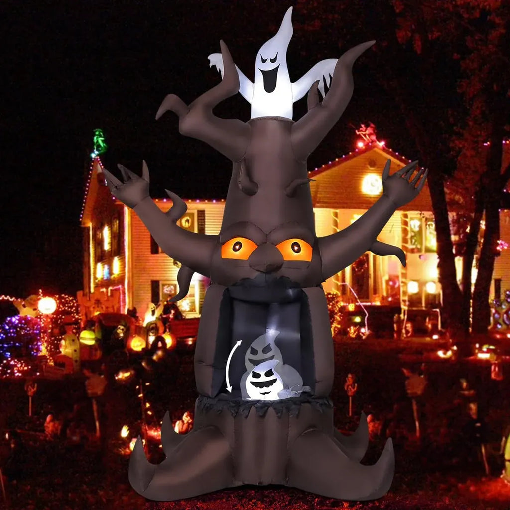 9 FT Halloween Inflatable Animated Dead Tree Outdoor Decorations Blow Up Yard Scary Tree and White Ghost with Built-in LEDs for Outdoor Garden Lawn Party Decor (Tree Ghost)
