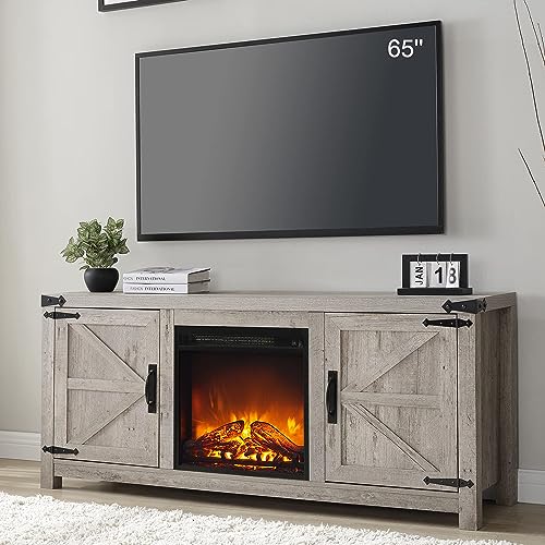 T4TREAM Fireplace TV Stand for 65 Inch TV, Farmhouse Barn Door Media Console, Entertainment Center with 18 Electric Fireplace Storage Cabinet Doors,for Living Room, 58 Inch, Antique White