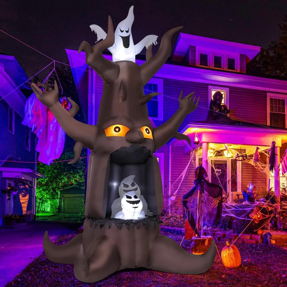 9 FT Halloween Inflatable Animated Dead Tree Outdoor Decorations Blow Up Yard Scary Tree and White Ghost with Built-in LEDs for Outdoor Garden Lawn Party Decor (Tree Ghost)