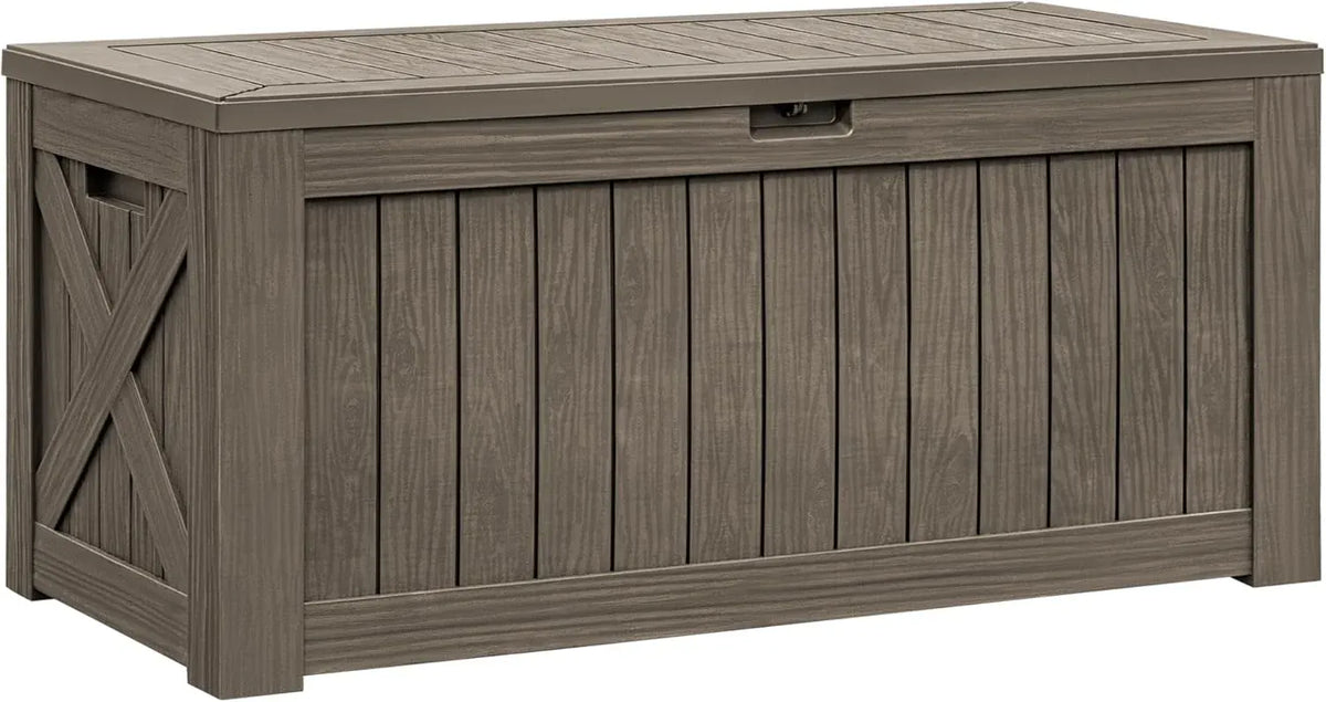 Flamaker Resin Deck Box 120 Gallon Waterproof Large Outdoor Indoor Storage Box Imitation Wood Resin for Patio Furniture Garden Tools and Pool (Black)