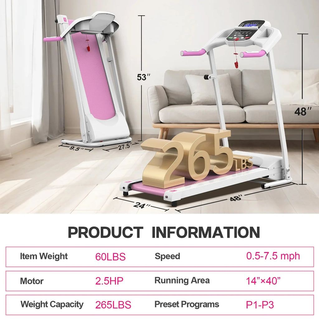 FYC Foldable Treadmills for Home, 2.5 HP, 7.5 MPH, Electric Running Treadmill Quiet Brushless Proform Treadmill for Home Gym, Running Machine with Heart Rate Sensor with LED Display (Pink)
