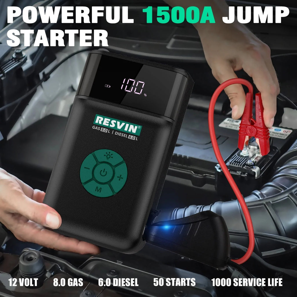 Portable Power Station Jump Starter: 1200 Peak/600 Instant Amps, 120 PSI Air Compressor, 1500A 13500mAh 12V Battery for 8.0L Gas or 6.0L Engines