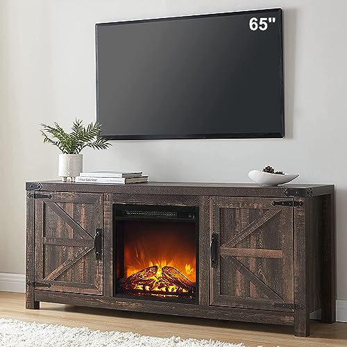 T4TREAM Fireplace TV Stand for 65 Inch TV, Farmhouse Barn Door Media Console, Entertainment Center with 18 Electric Fireplace Storage Cabinet Doors,for Living Room, 58 Inch, Antique White