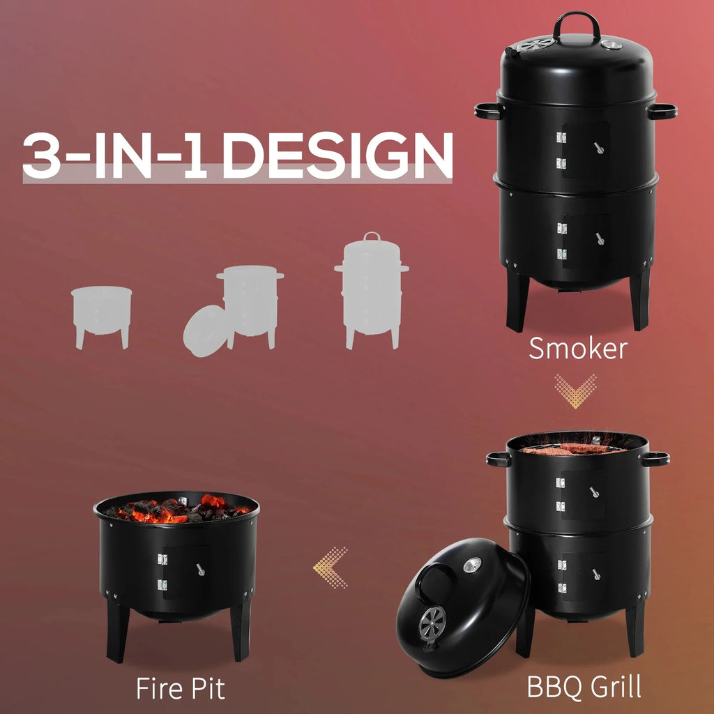 Outsunny Vertical Charcoal BBQ Smoker, 3-in-1 16 Round Charcoal Barbecue Grill with 2 Cooking Area, and Thermometer for Outdoor Camping Picnic Backyard Cooking, Black