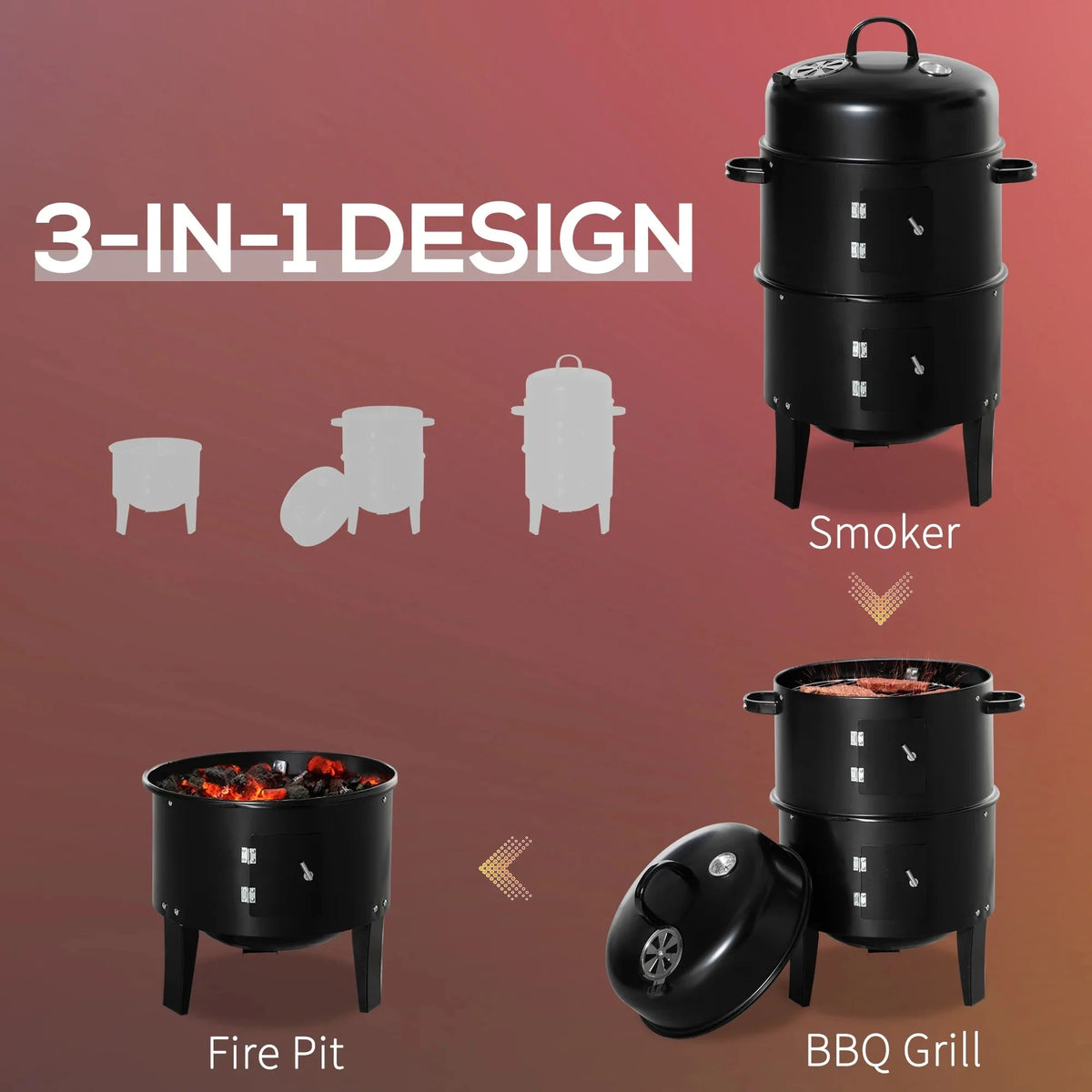 Outsunny Vertical Charcoal BBQ Smoker, 3-in-1 16 Round Charcoal Barbecue Grill with 2 Cooking Area, and Thermometer for Outdoor Camping Picnic Backyard Cooking, Black