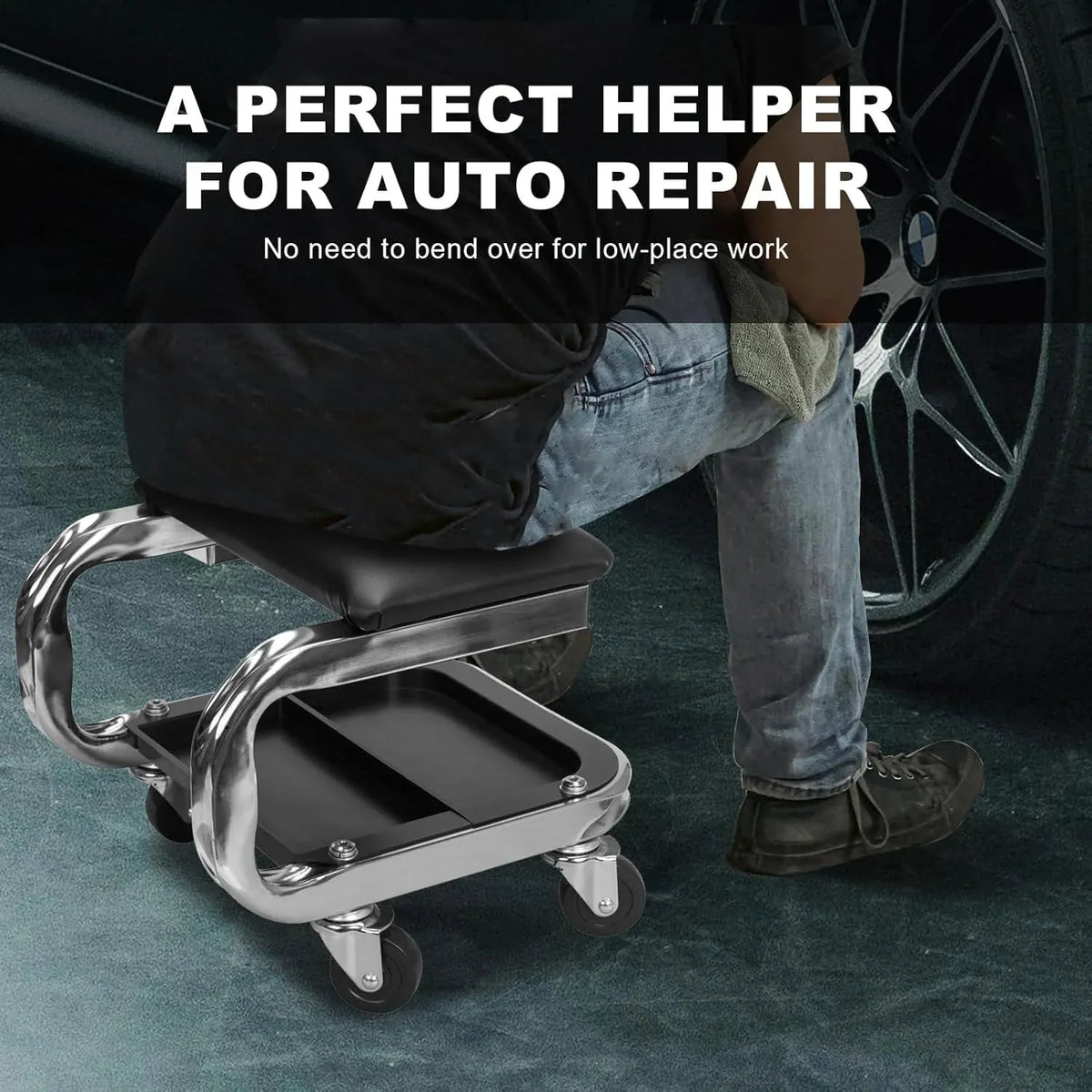 AR7451B Heavy Duty Rolling Creeper Garage/Shop Seat: Padded Mechanic Stool with Tool Tray Storage and Cup Holder, Black
