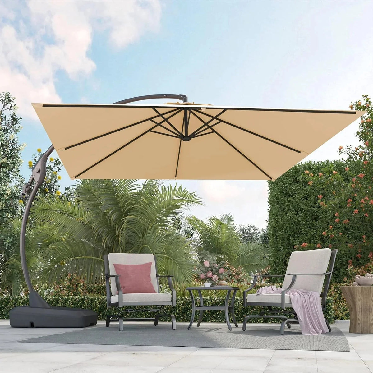 Grand Patio 10x10 ft Deluxe Cantilever Aluminium Offset Umbrella, Rectangular Patio Umbrella with Base, Champagne