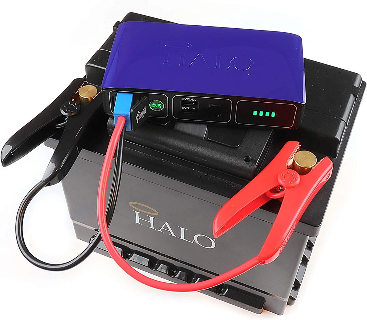 HALO Bolt Compact Portable Car Jump Starter - Car Battery Jump Starter with 2 USB Ports to Charger Devices, Portable Car Charger - Navy