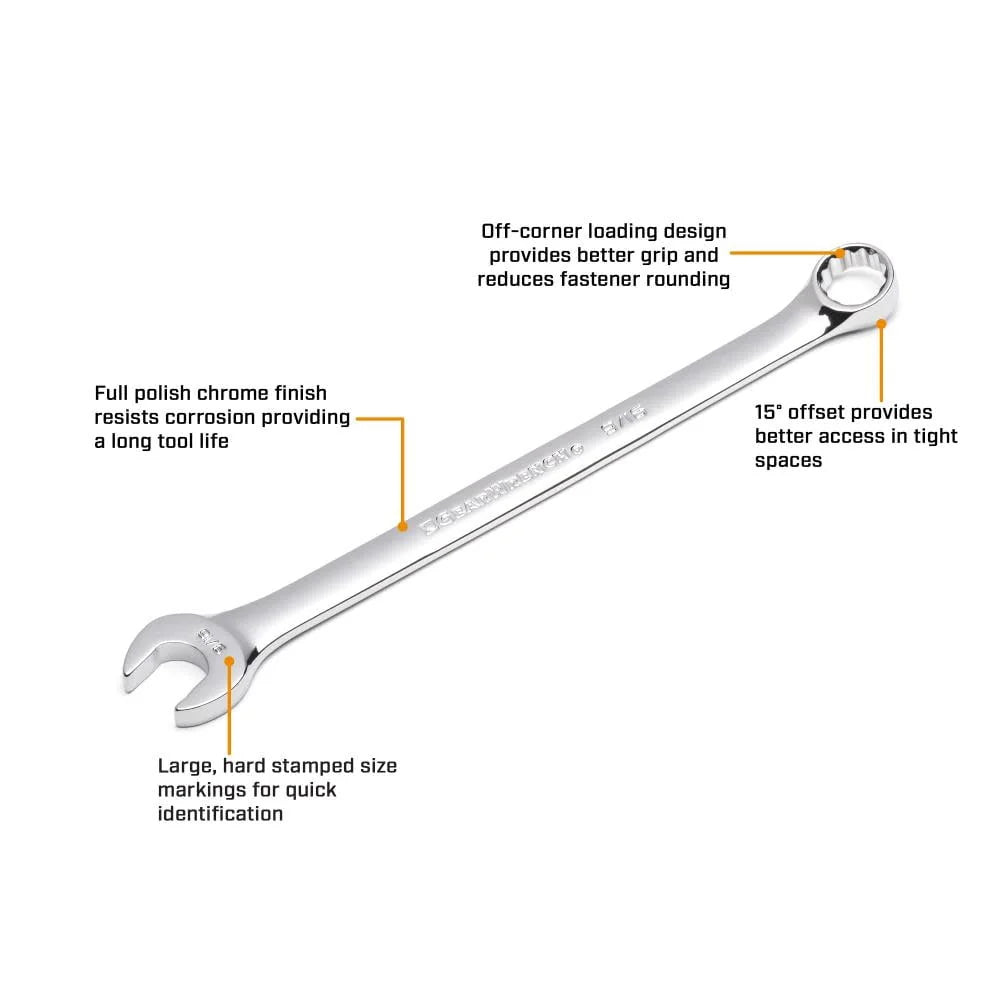 GearWrench 81918 15 Pc. 12 Point Sae Long Pattern Combination Wrench Set With Wrench Roll