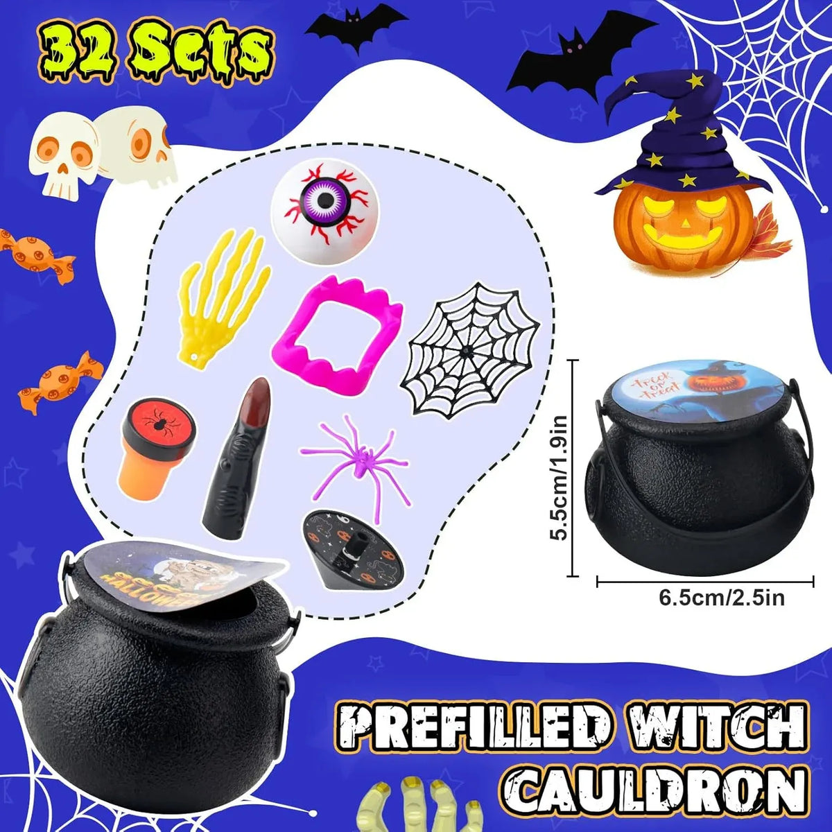 Halloween Party Favors for Kids â?32 Pack Prefilled Cauldrons with 252 PCS Bulk
