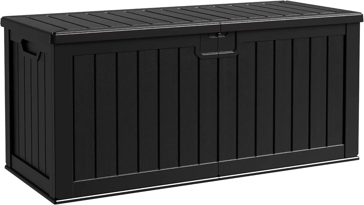 Flamaker Resin Deck Box 120 Gallon Waterproof Large Outdoor Indoor Storage Box Imitation Wood Resin for Patio Furniture Garden Tools and Pool (Black)