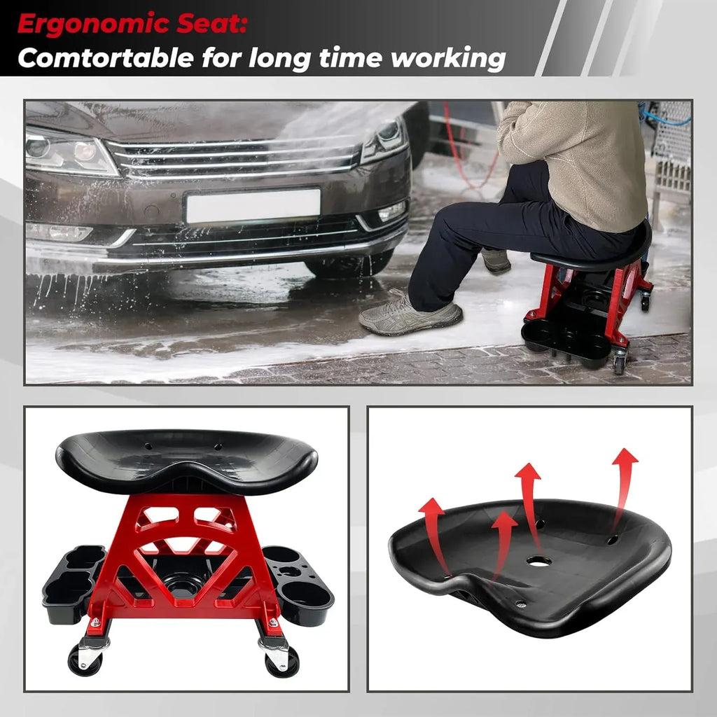 Durable Mechanic Stool Chair With Wheels, Heavy Duty Garage Shop Rolling Seat, Car Detailing Creeper With Tool Tray for Workshop, Auto Repair Shop and Home
