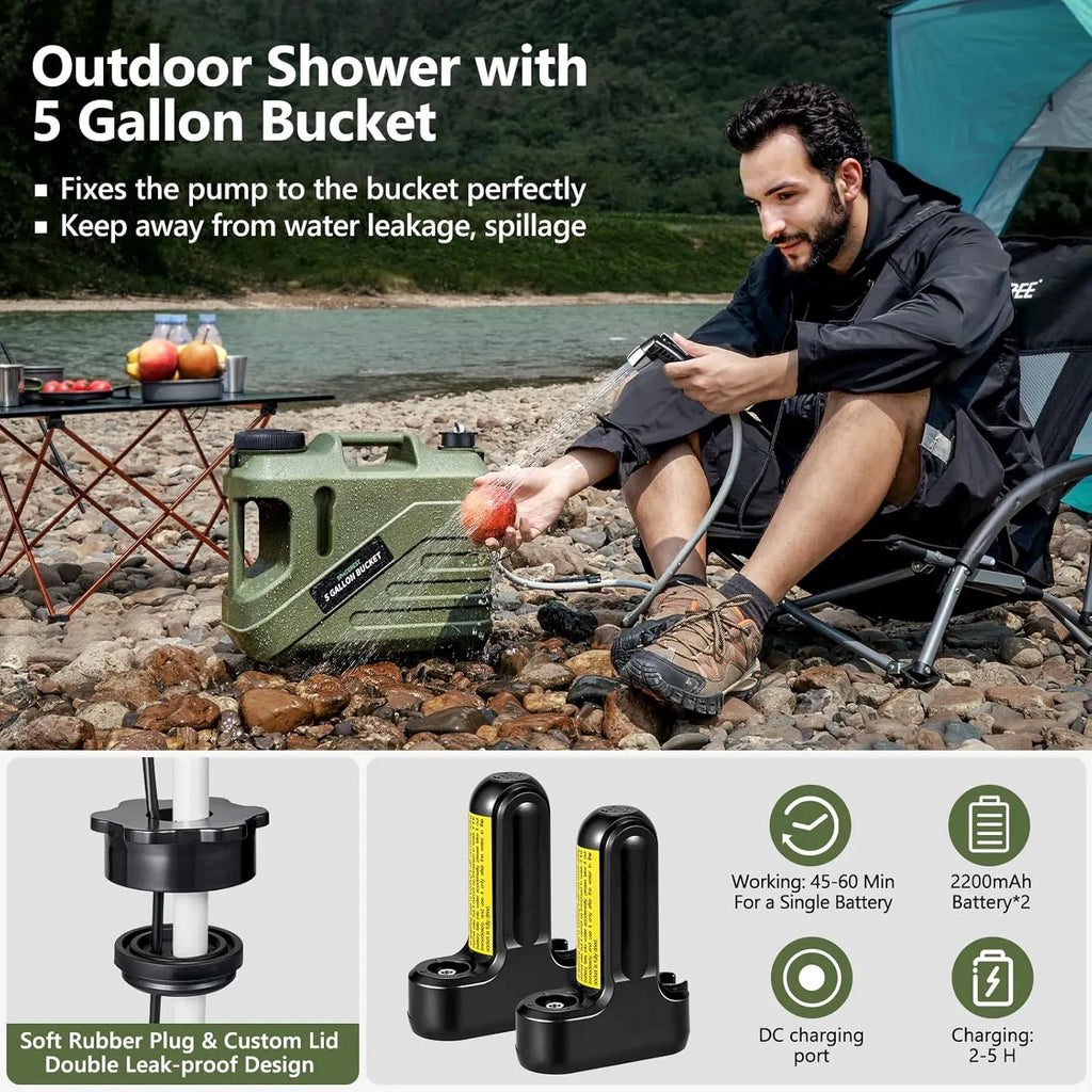 Portable Shower for Camping with 5-Gallon Water Jug, Rechargeable Camping Shower, Food Grade Material Water Containers for Fruit & Vegetables Wash, Integrate Design for Outdoors, Hiking, 2 Batteries