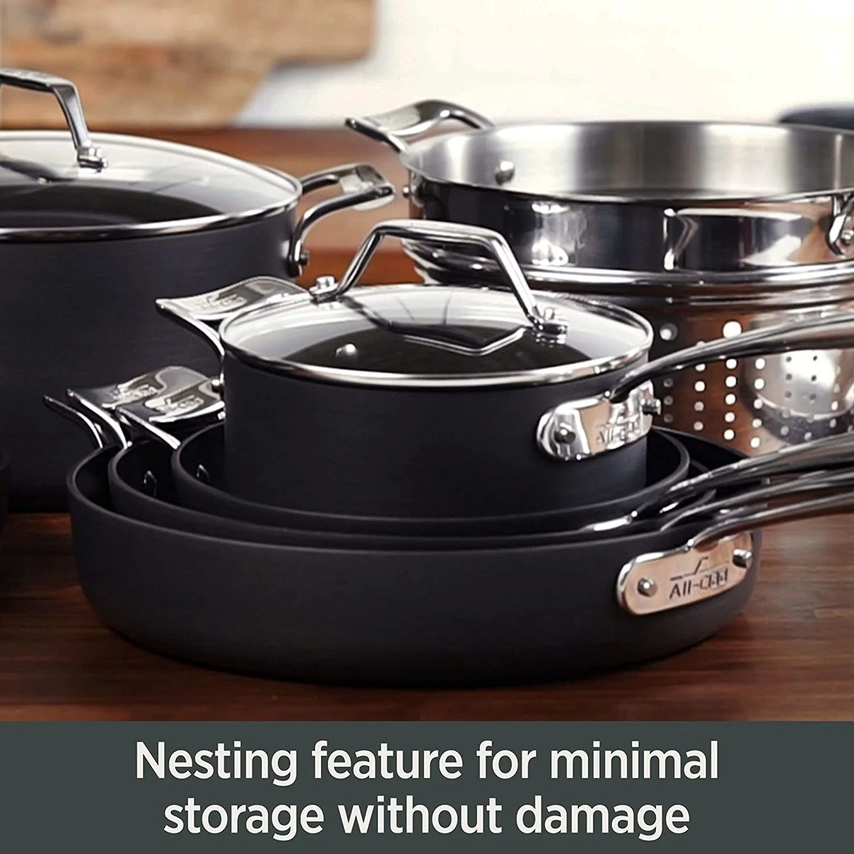 All-Clad H9112S64 Essentials Nonstick Hard Anodized 8.5 and 10.5-inch Fry Pans， 2 Piece， Grey