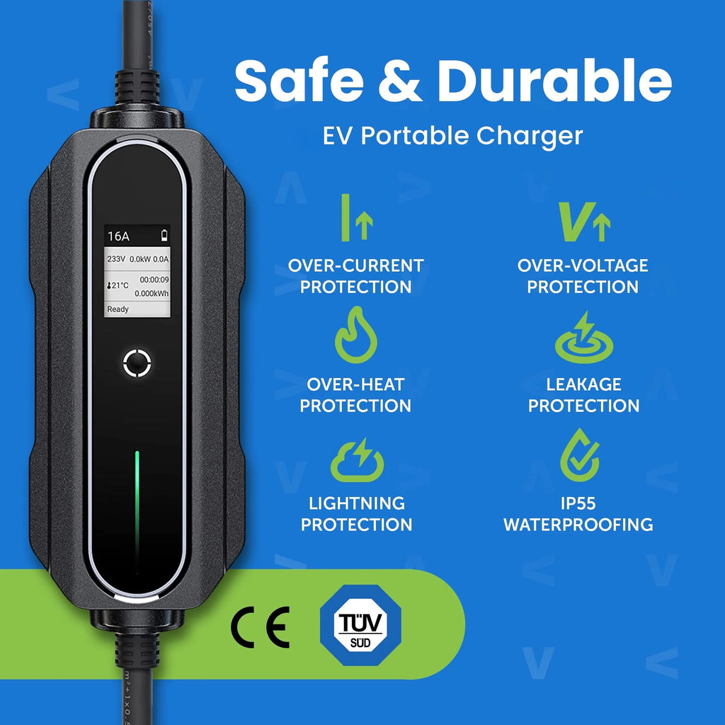 EV+ 16A EV Charging Station, Portable Electric Vehicle Charger, Level 2 EV Home Charging Station, 25-ft Cord SAE J1772 EV Charging Cable with NEMA 6-20, Travel Case, EVSE Level 2 Charging Station