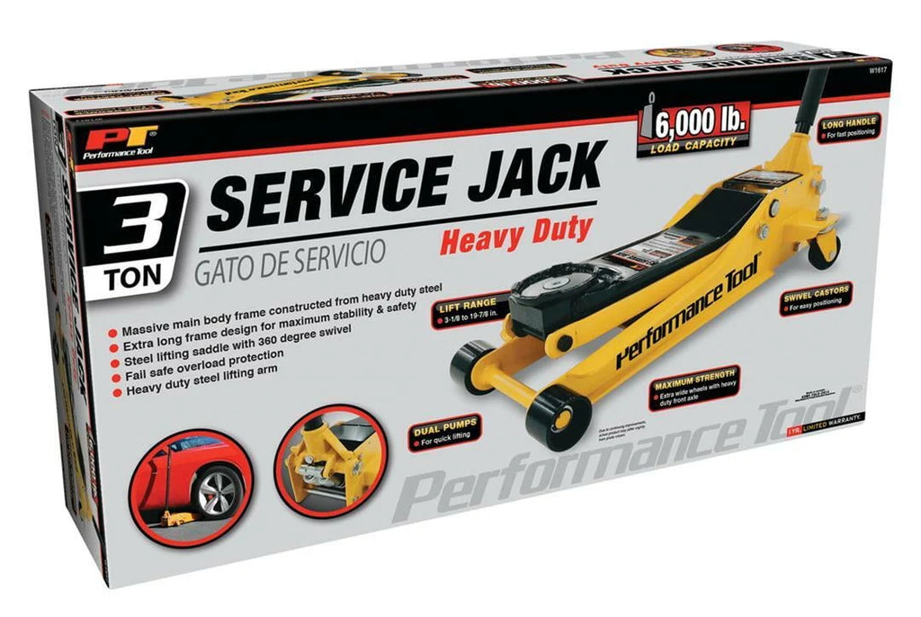 Performance Tool W1617 3-Ton 6,000 lb Heavy Duty Steel Garage Service Jack, 3-1/8 to 19-7/8 Lift