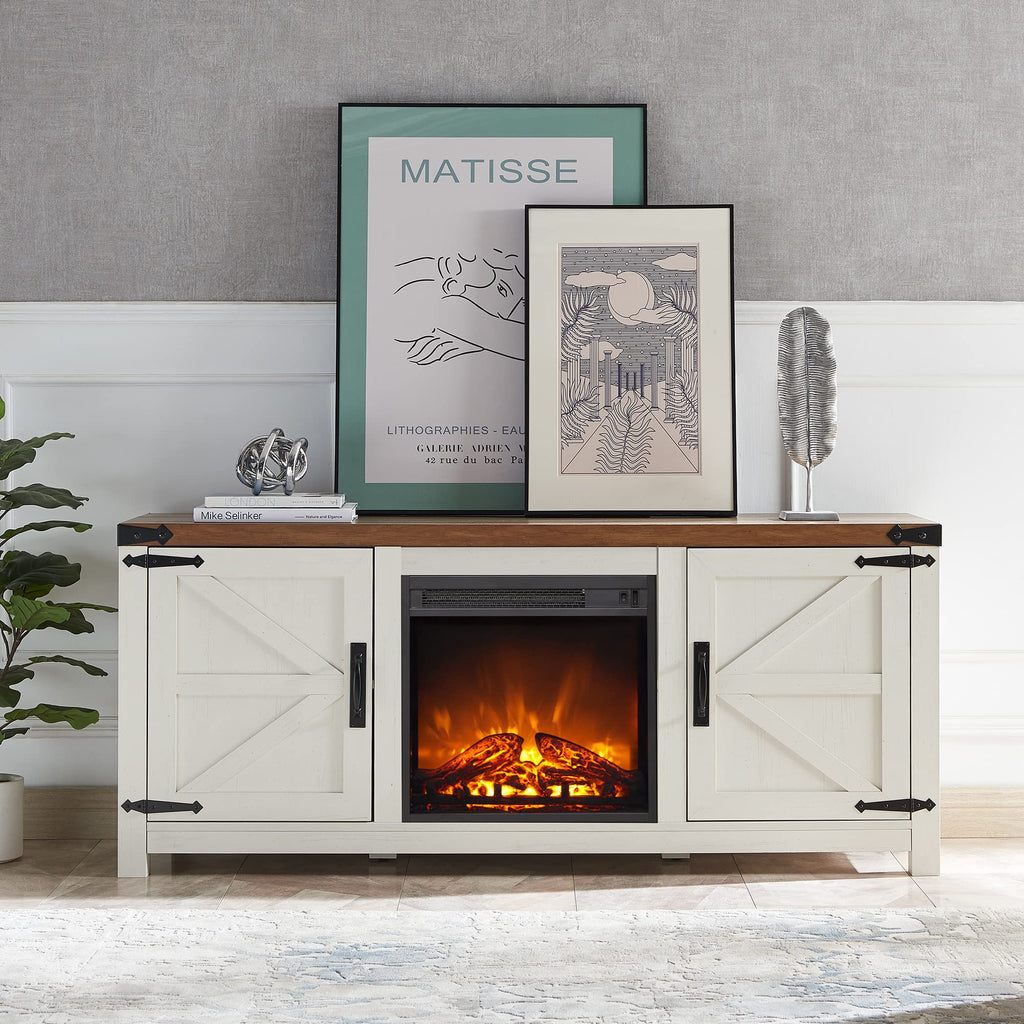 T4TREAM Fireplace TV Stand for 65 Inch TV, Farmhouse Barn Door Media Console, Entertainment Center with 18 Electric Fireplace Storage Cabinet Doors,for Living Room, 58 Inch, Antique White