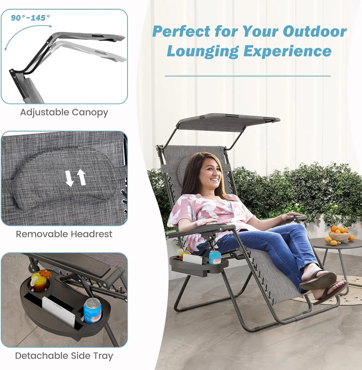 Zero Gravity Chairs, X-Large Folding Lounge Lawn Chair w/Canopy Shade & Cup Holder, Adjustable Folding Patio Recliner for Pool Porch Deck Oversize (Grey)