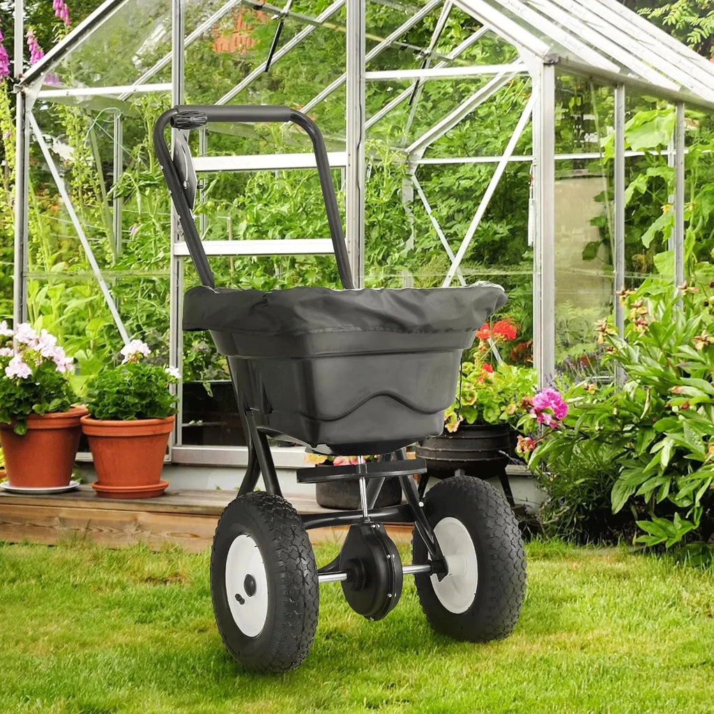 MoNiBloom 125 lb Walk-Behind Broadcast Spreader for Fertilizer, Grass Seed, Salt & Ice Melt, Heavy Duty Lawn, Garden & Farm Seeder with Rain Cover, Durable Design for Yards, Fields & Uneven Terrain