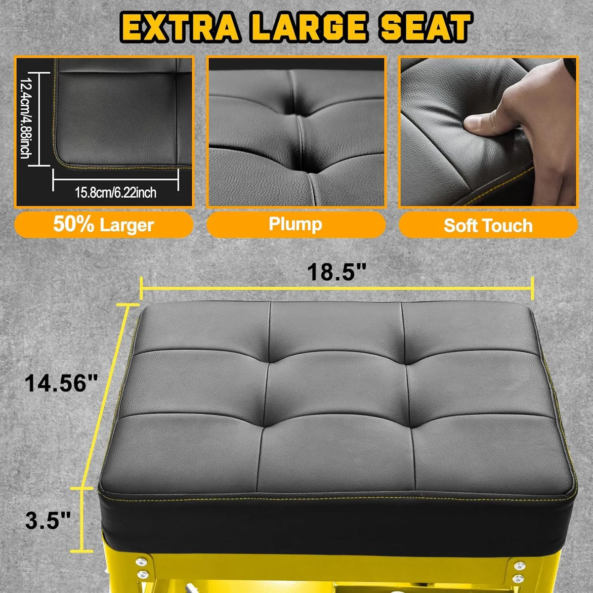 Rolling Mechanic Shop Stool with Wheels, Garage Mechanics Stool with 2 Layer Repair Tools Tray, Padded 360° Swivel Automotive Roller Creeper Seat Shop Chair, Heavy Duty, 330 LBS Capacity, Yellow