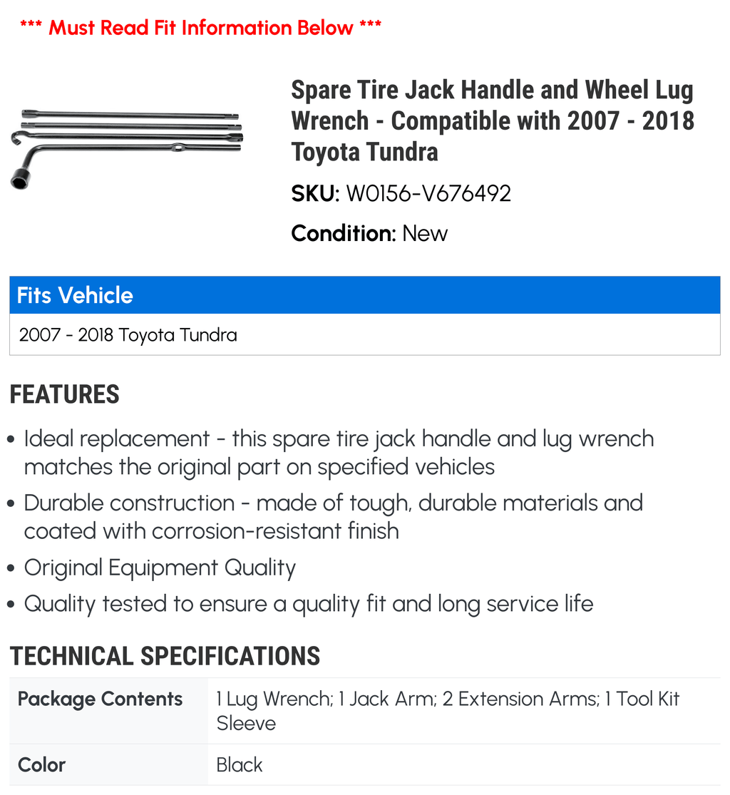 Spare Tire Jack Handle and Wheel Lug Wrench - Black - Compatible with 2007 - 2018 Toyota Tundra 2008 2009 2010 2011 2012 2013 2014 2015 2016 2017