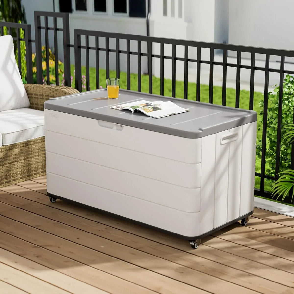 45 Gallon Waterproof Deck Box, Lockable Resin Storage Box for Patio Furniture Cushions Garden Tools and Outdoor Delivery Storage, Coffee