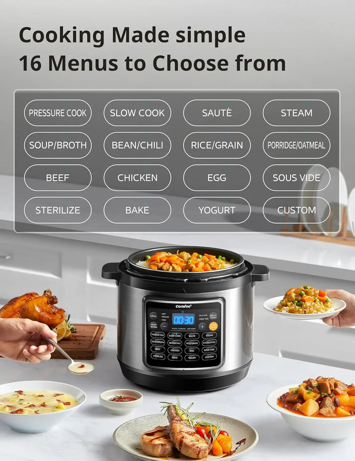 16 in 1 Electric Pressure Cooker Instant Multi Cooker Olla de Presion Non-Stick Pot Yogurt Maker Rice Cooker Slow Cooker Sauté Steamer 8 Quarts for Family Feast