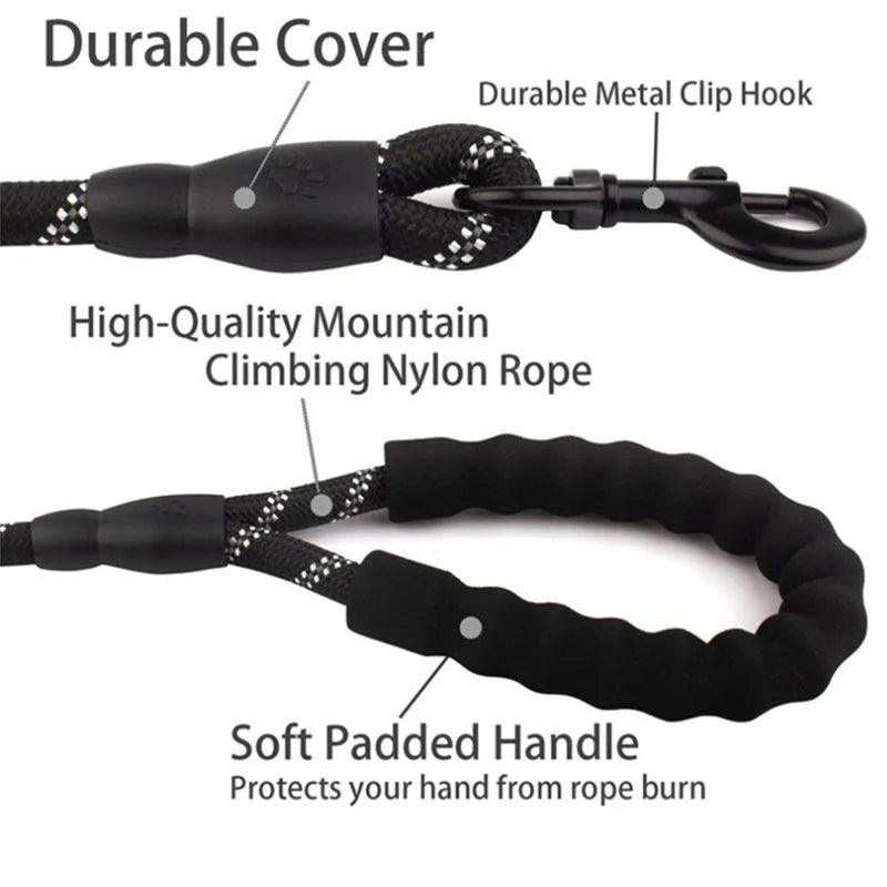 Dog Leash with Reflective Stitching and Padded Grip, Double Rope  Construction