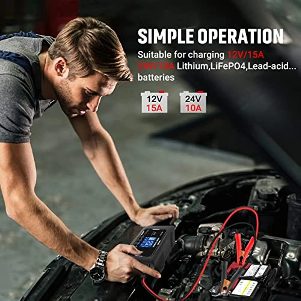 HTRC charger 15-Amp Fully-Automatic Smart Charger,12V and 24V Battery Charger,12V/15A 24V/10A Lead-Acid(AGM/Gel/SLA)/Lithium lron LiFePO4 Trickle Charger,Pulse Repair Car Battery Charger,Deep cycle