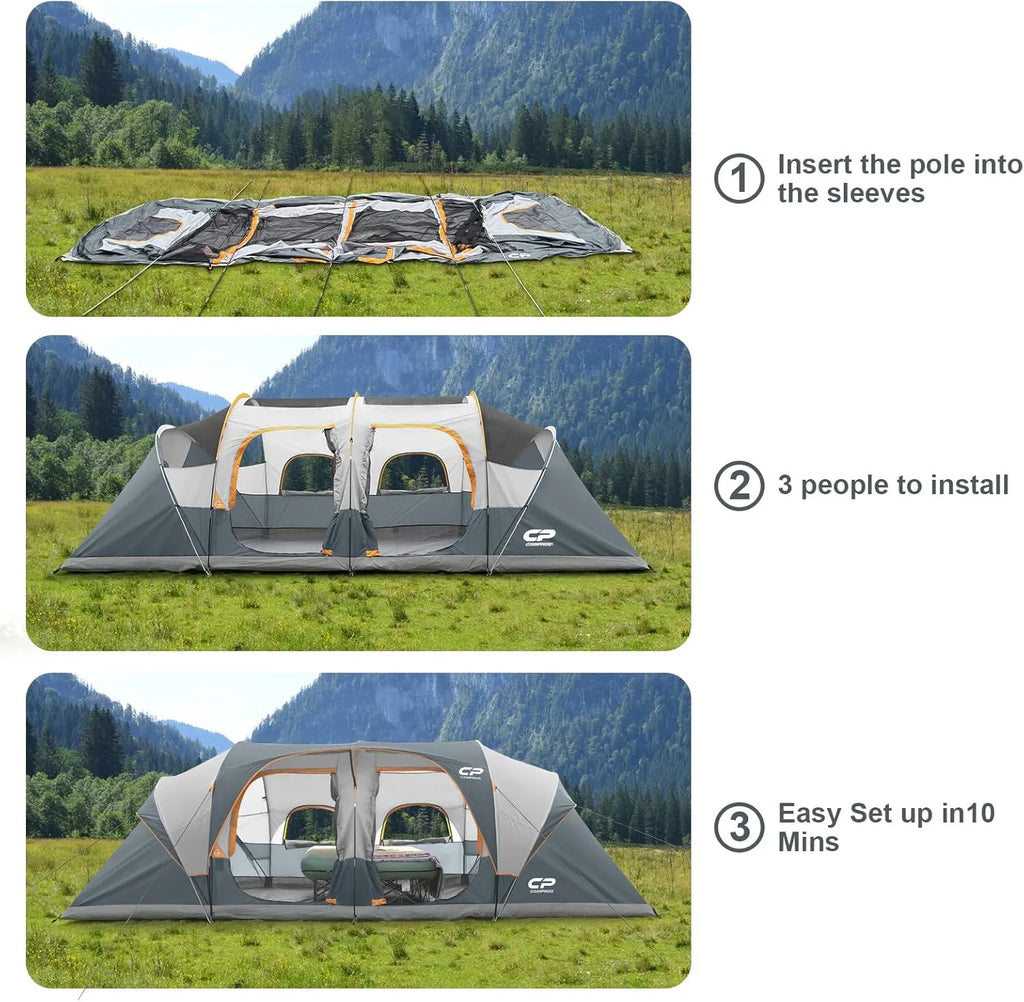 CAMPROS CP Tent 12-Person-Camping-Tents,3 Room Family Tents,Waterproof Windproof Family Tent with Top Rainfly,6 Large Mesh Windows,Double Layer,Easy Set Up, Portable with Carry Bag-20' x 9' x 72(H)